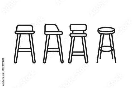 Minimalist outline symbols of various high bar stools and counter chairs