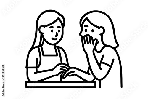 Two women interacting during a manicure service at a beauty salon with one client reacting in surprise