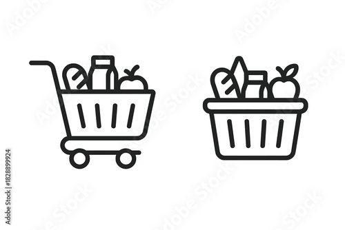Black and white line icons of shopping cart and basket full of groceries and food items