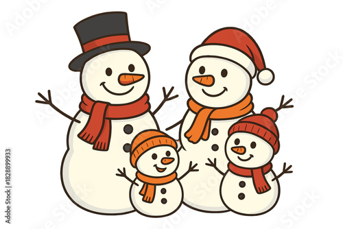 Adorable snowmen family group portrait wearing festive winter hats and scarves for holiday celebration