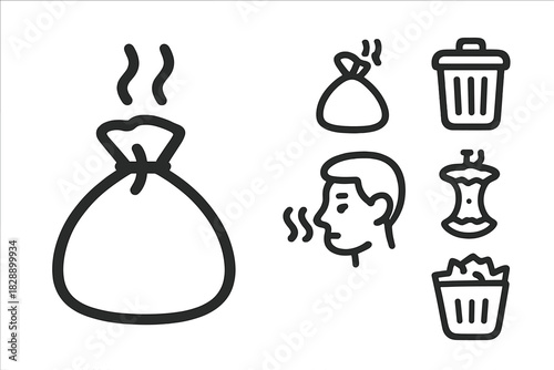 Collection of simple outline symbols representing household waste, disposal, bad odor, and food waste