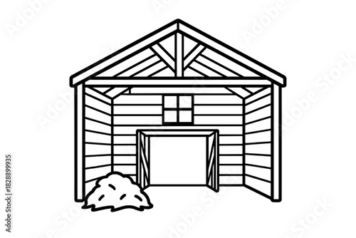 Rustic wooden barn structure with open double doors and a small pile of straw