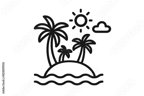Outline drawing of a tropical island featuring palm trees, bright sun, and ocean waves