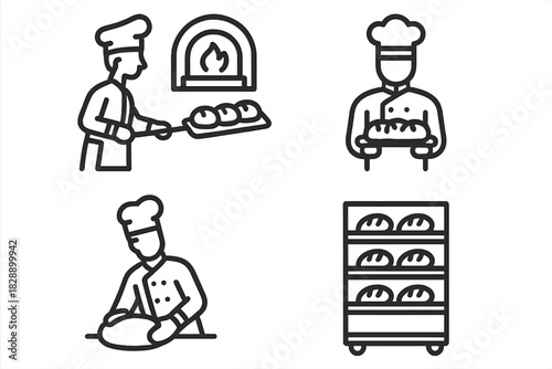Process of bread making showing kneading dough, baking in oven, and serving fresh loaves