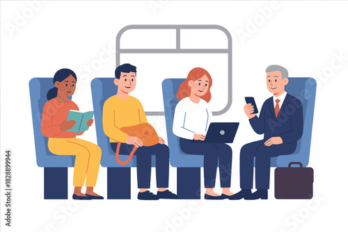 Diverse group of commuters sitting on public transport seats reading working and using mobile phones