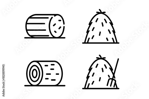 Collection of agricultural icons featuring hay bales, rolled straw, conical haystacks, and a pitchfork