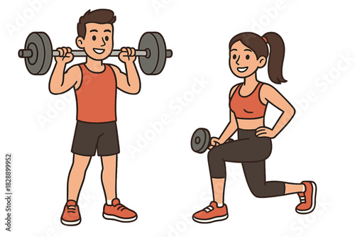 Happy athletic people doing strength training exercises using barbell and dumbbell