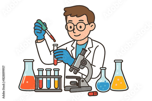 Scientist conducting chemical experiment in laboratory with test tubes and microscope
