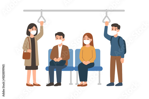 Commuters wearing protective face masks traveling on public transportation during a pandemic