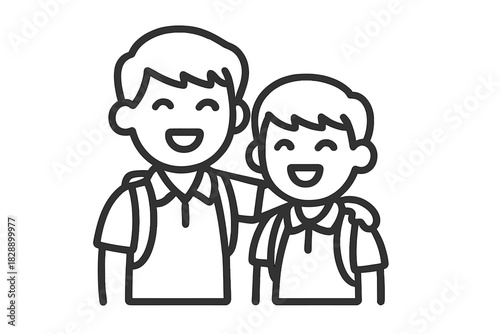 Two cheerful elementary school boys wearing polo shirts and backpacks standing close together