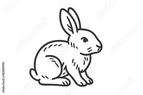 Minimalist black and white line art of a cute sitting rabbit or bunny on a clean background