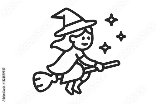 Simple outline of a smiling witch flying on a broomstick surrounded by magical sparkles
