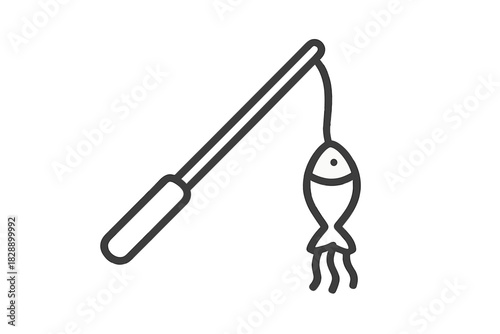 Minimalist black and white fishing rod with a fish lure hanging from the line