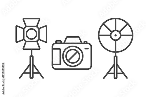 Professional photography equipment including a camera, studio light, and reflector on stands