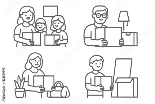 People packing belongings and carrying moving boxes for relocation