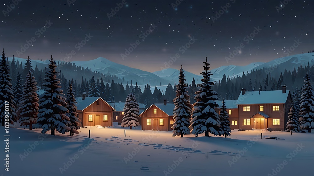 Naklejka premium Minimal Snowy Village Scene Featuring Festive Pine Trees