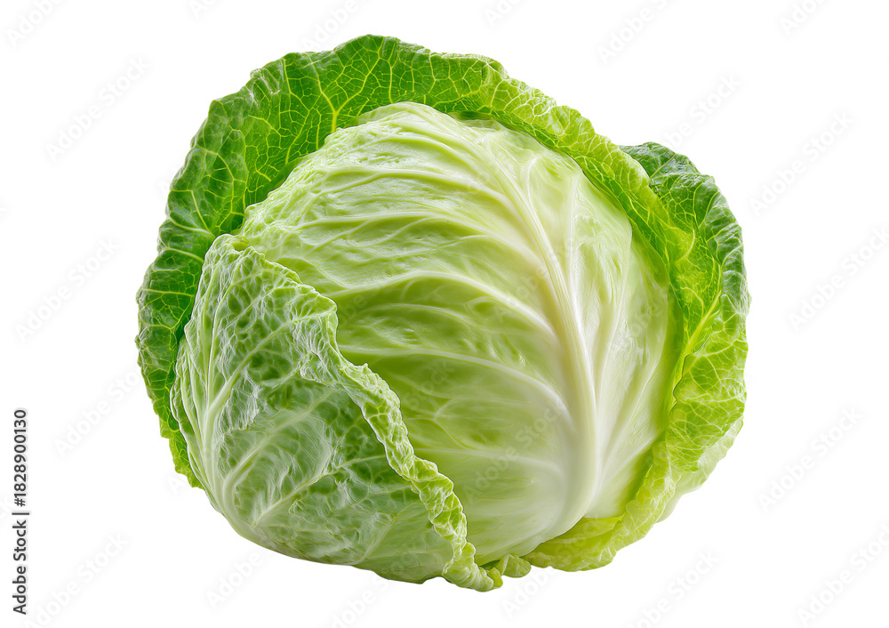 Fototapeta premium Fresh green cabbage head with visible leaf veins and texture isolated on a transparent background vegetable