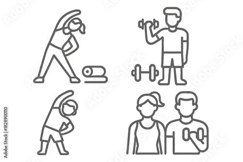 Outline icons set depicting gym activities, stretching, weightlifting, and fitness training