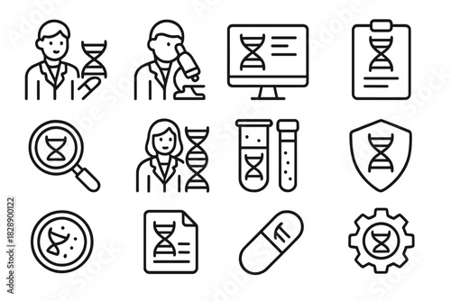 Line icons for genetic engineering, scientific research, DNA analysis, and medical technology