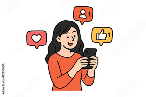 Happy young woman receiving social media notifications for likes and new followers on her mobile phone