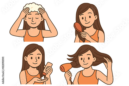 Daily hair care routine steps: washing, conditioning, brushing, and blow drying