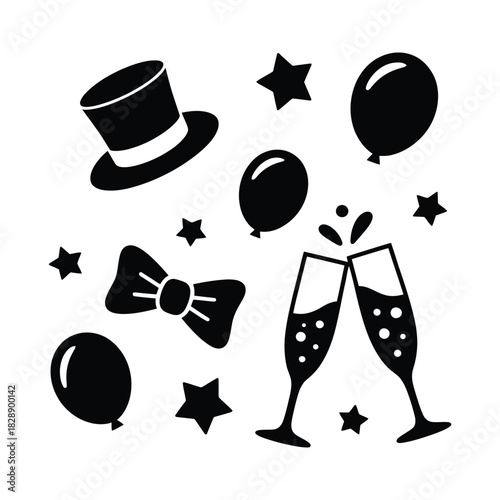 Festive celebration icon set. Festive celebration icons champagne balloons hat bowtie and stars