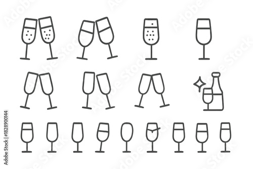 Outline icons showing various champagne glasses, wine goblets, and celebratory toasting