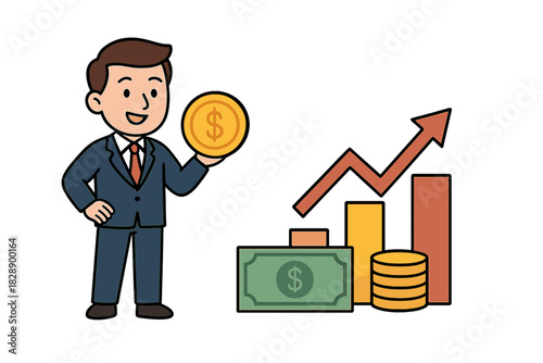 Successful businessman holding a dollar coin next to a financial growth chart and cash assets