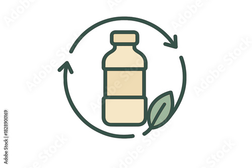 Eco-friendly bottle recycling symbol with circular arrows and green leaf