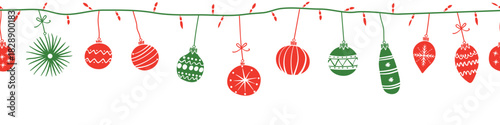 Header seamless pattern for Christmas and New Year festival with cute doodle string lights and ornaments in silhouette red and green color tones on a transparent background.