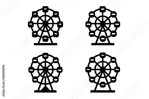 Minimalist black silhouette of a classic Ferris wheel ride for amusement park fun and fairground attraction