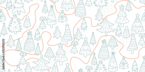 Seamless pattern for Christmas and New Year festival with cute Christmas tree forest and red paths in pastel color tones on a transparent background.