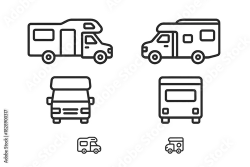 Minimalist black outline set of motorhomes and camper vans for travel and camping applications