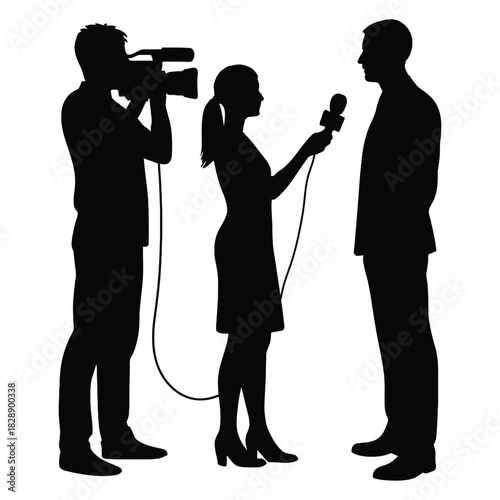 reporter interviewing person icon set. Silhouette of reporter interviewing person with cameraman recording the session