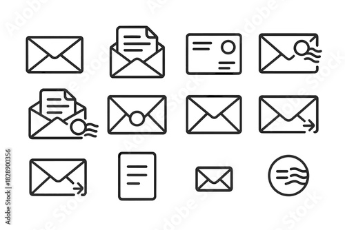 Outline symbols for mail, email, message delivery, closed and open envelopes