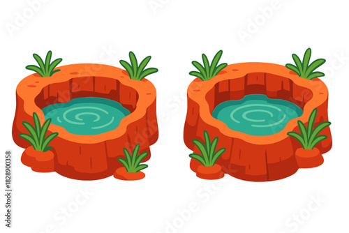 Cartoon water hole or pond surrounded by rocky terrain and green grass isolated on white