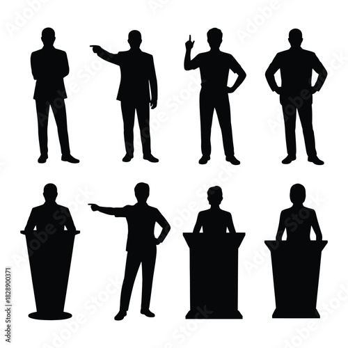  business people silhouette icon set. Silhouette collection of business people in various poses standing and speaking