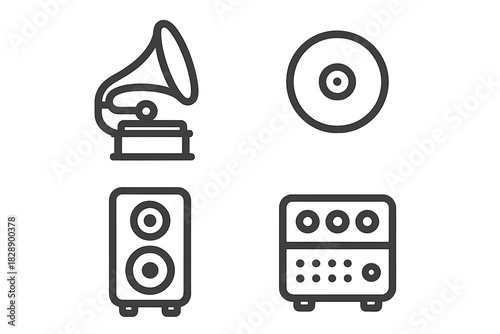 Set of outline icons depicting vintage gramophone, modern CD, audio speaker, and sound amplifier