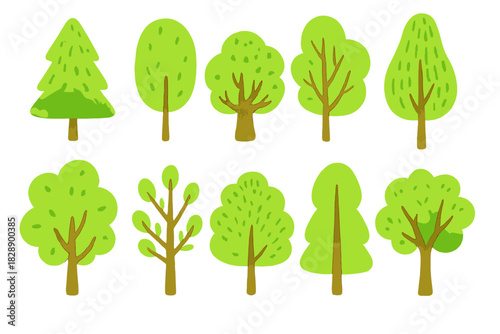 Stylized green trees and bushes collection featuring watercolor texture for nature design projects