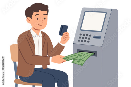 Smiling man sitting and withdrawing cash money from an automated teller machine using a credit card