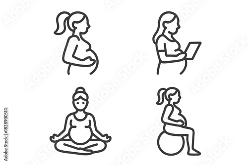 Pregnant women doing various activities like standing, reading, yoga, and sitting on an exercise ball