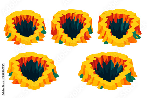 Five isometric deep sinkholes or cave entrances with jagged yellow and orange rock edges