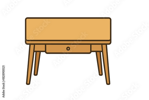 Simple wooden side table with a drawer and modern tapered legs isolated on white background