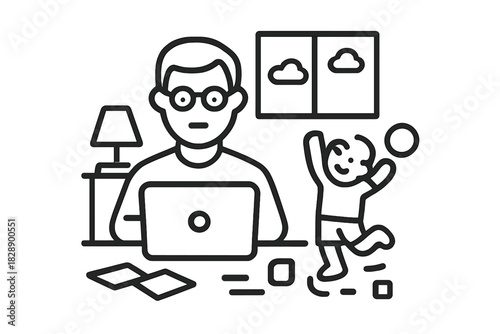 Remote working father distracted by energetic child playing and jumping at home