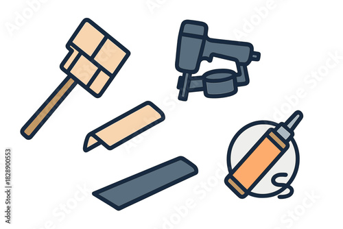 Construction and renovation equipment featuring nail gun, rubber hammer, adhesive tube, and molding pieces