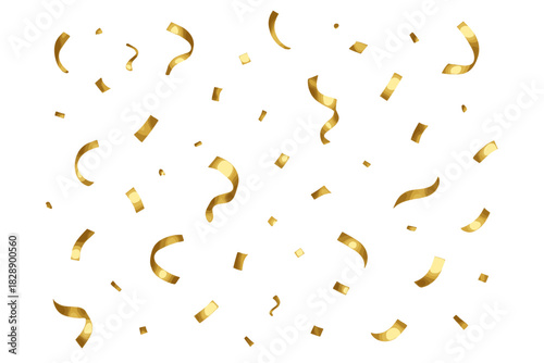 Festive background pattern of falling golden confetti pieces and curled serpentine ribbons