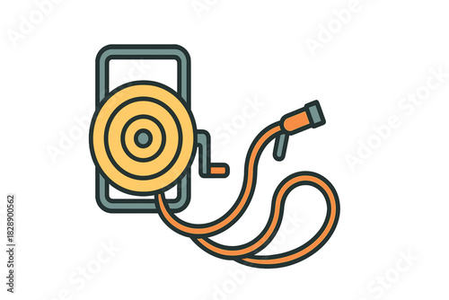 Wall mounted coiled garden hose reel with an attached spray nozzle for watering