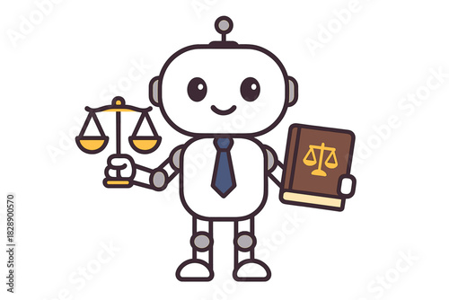 Artificial intelligence robot wearing a tie, holding scales of justice and law book