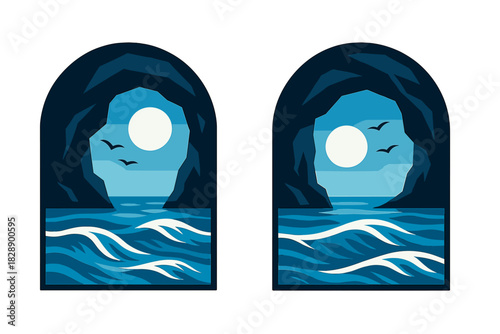 Stylized nocturnal seascape viewed through a dark grotto arch with a bright full moon and ocean waves