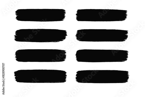 Eight black horizontal paint strokes with rough textured edges isolated on white